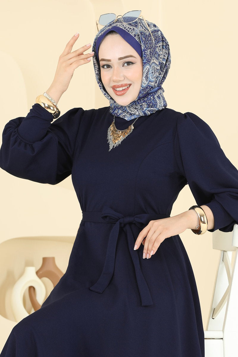 Crepe Dress with Waist Sash - Navy