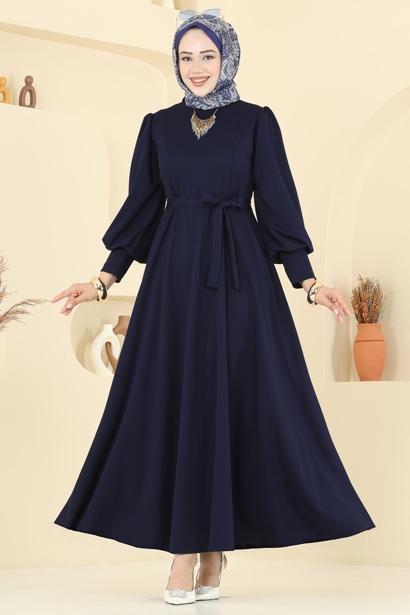 Crepe Dress with Waist Sash - Navy