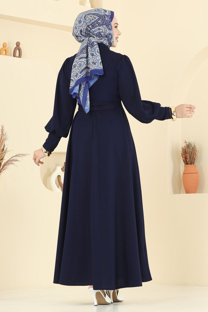 Crepe Dress with Waist Sash - Navy