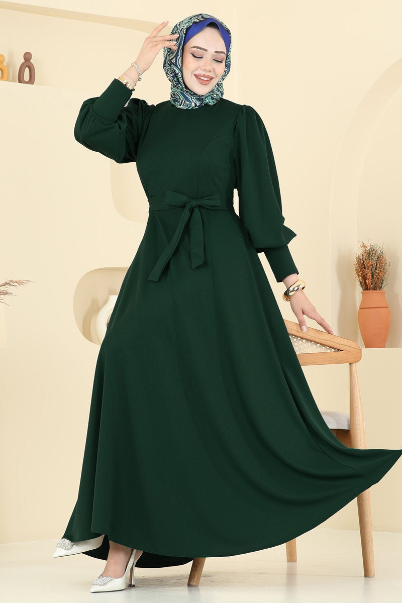 Crepe Dress with Waist Sash - Emerald