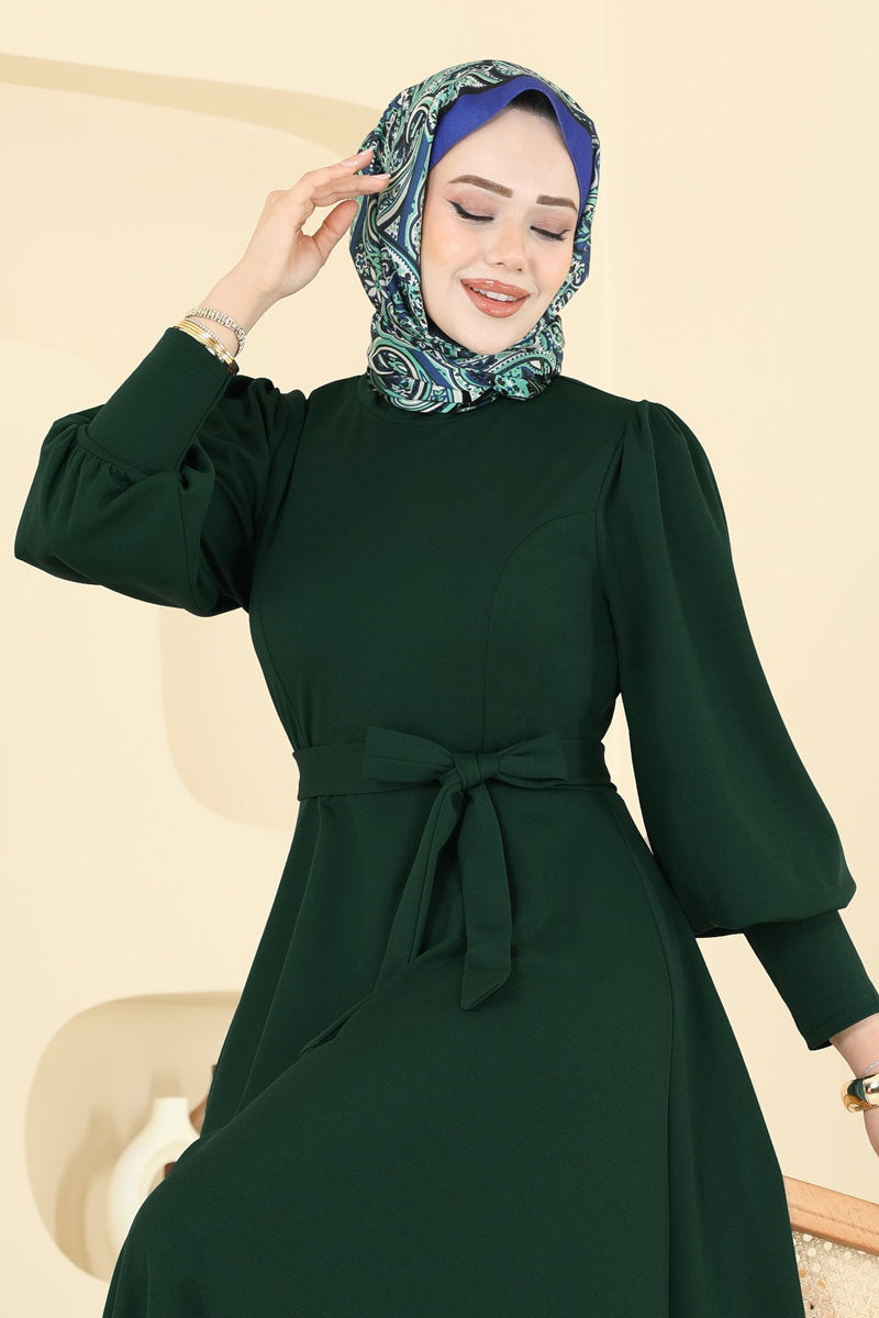 Crepe Dress with Waist Sash - Emerald