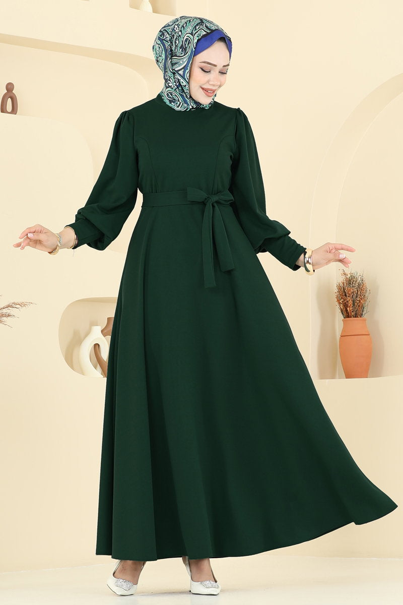 Crepe Dress with Waist Sash - Emerald