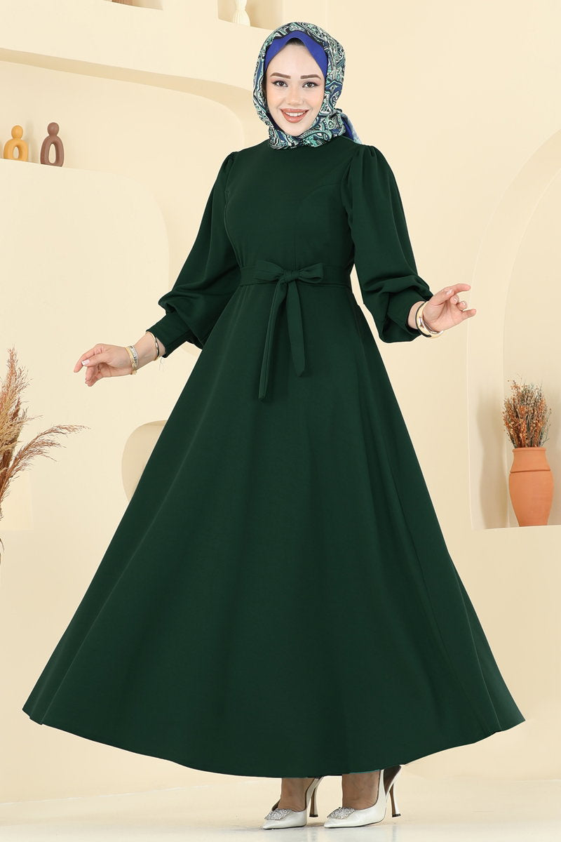 Crepe Dress with Waist Sash - Emerald