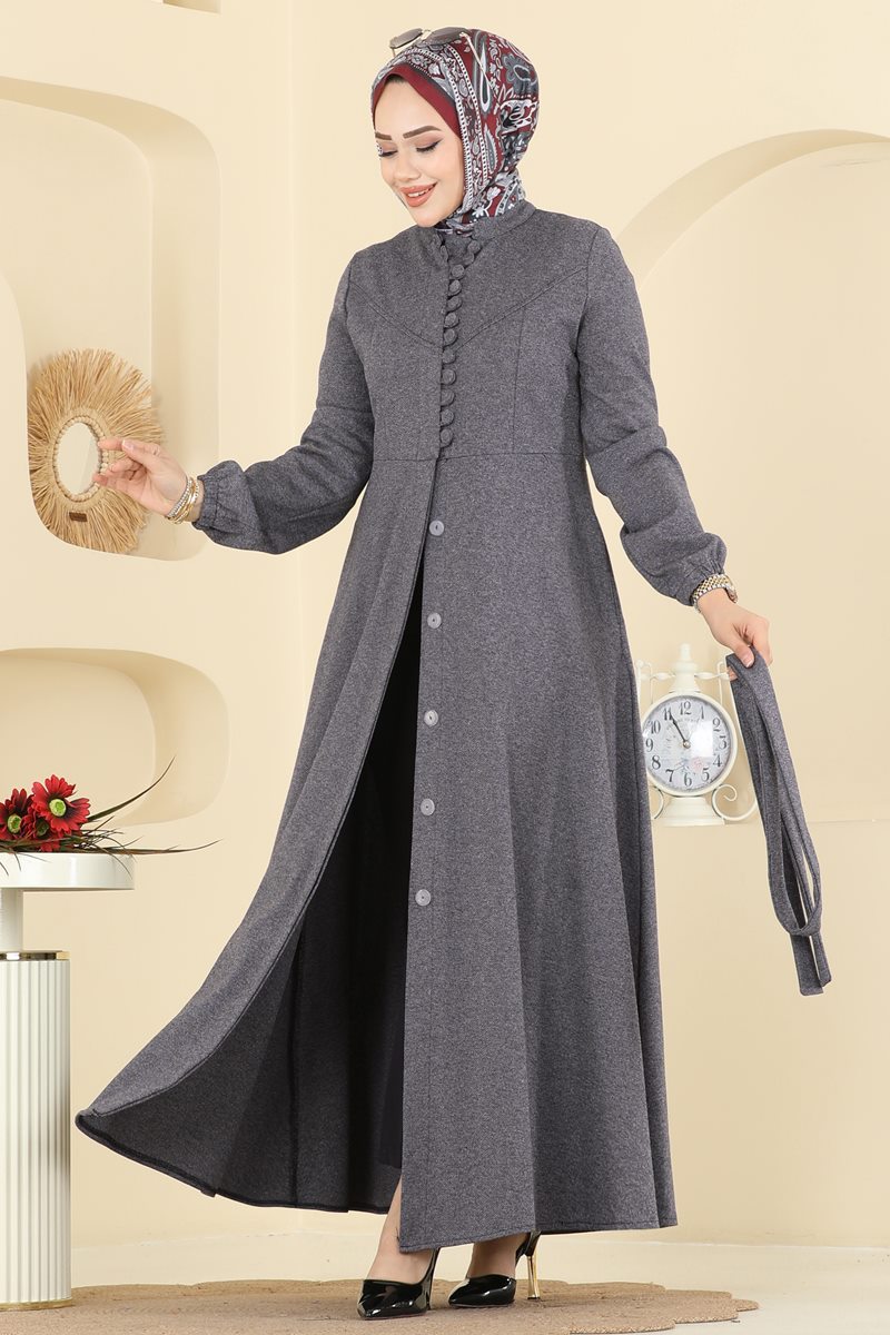 Tweed Abaya Coat with Waist Sash - Grey