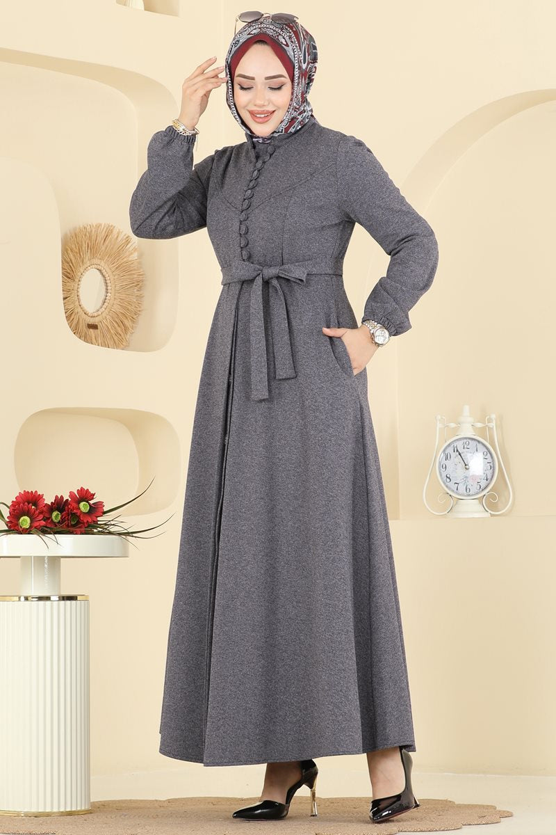 Tweed Abaya Coat with Waist Sash - Grey