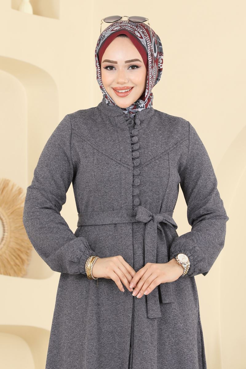 Tweed Abaya Coat with Waist Sash - Grey