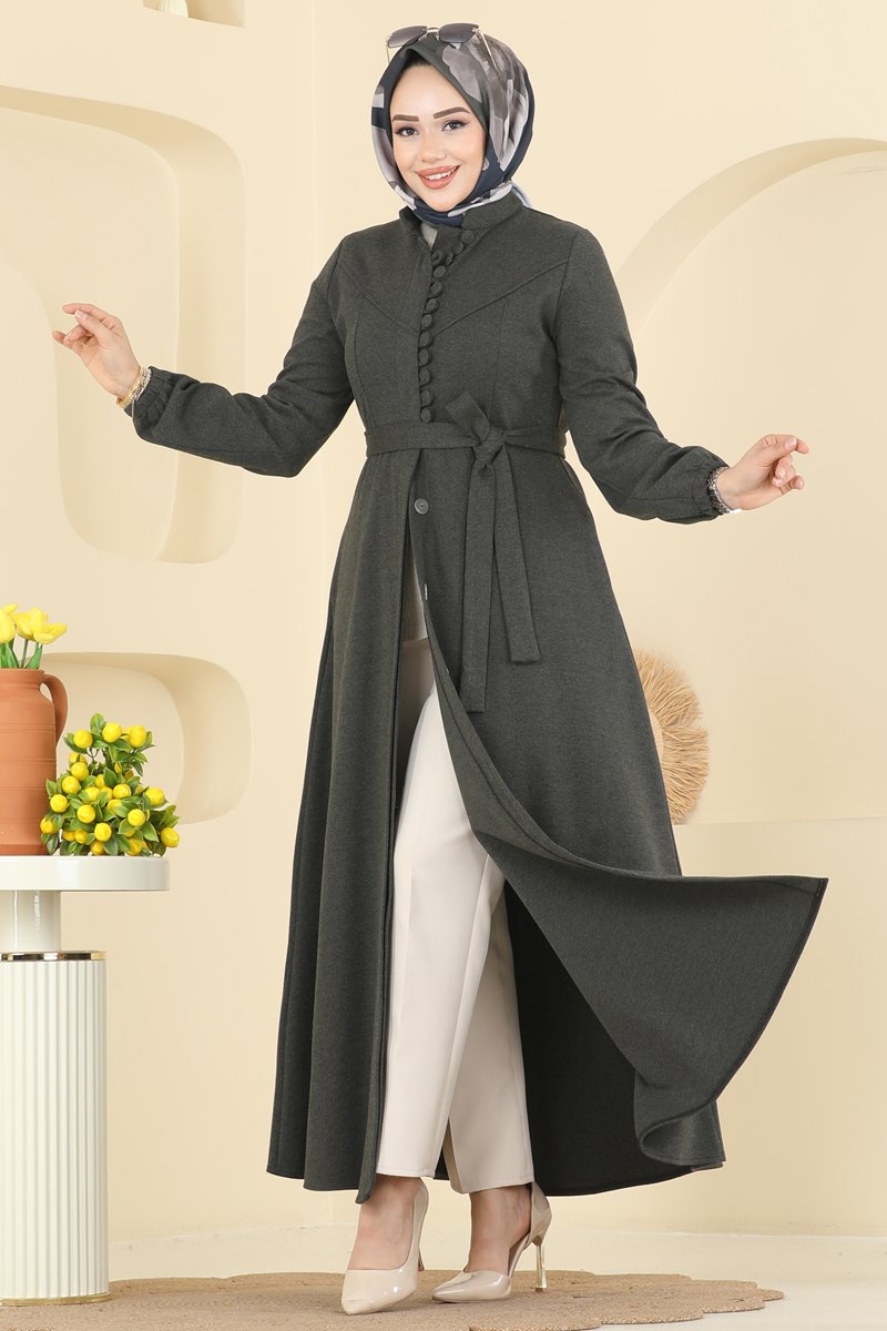 Tweed Abaya Coat with Waist Sash - Khaki