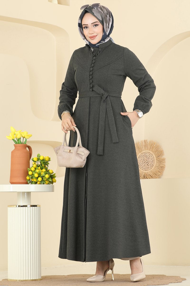 Tweed Abaya Coat with Waist Sash - Khaki