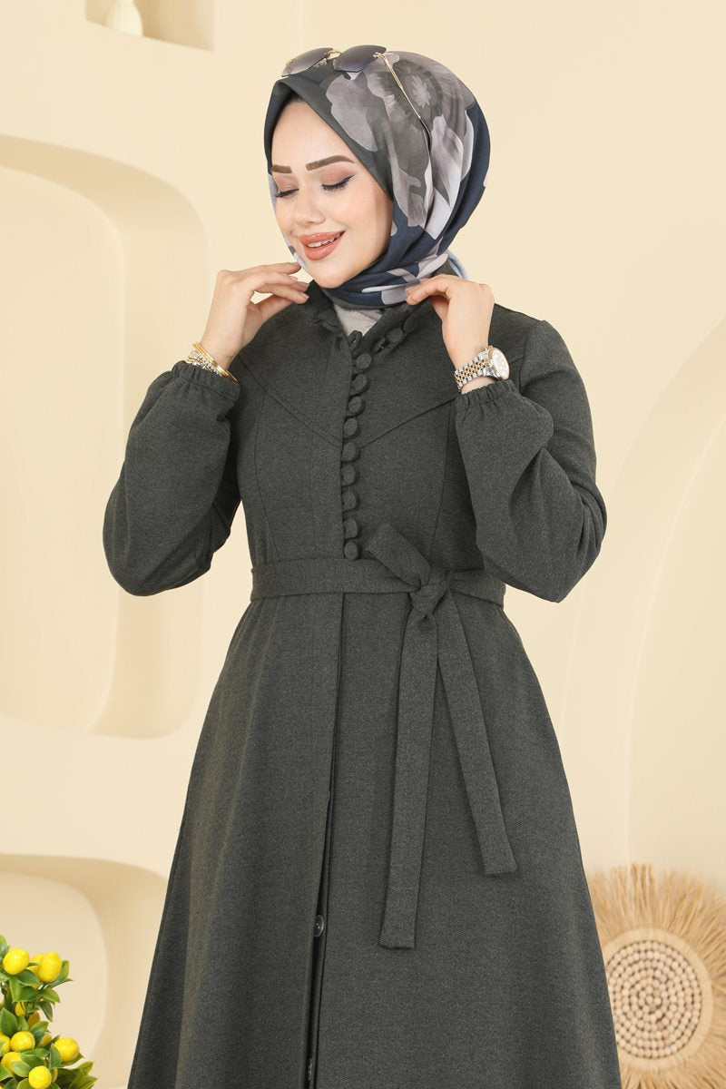 Tweed Abaya Coat with Waist Sash - Khaki