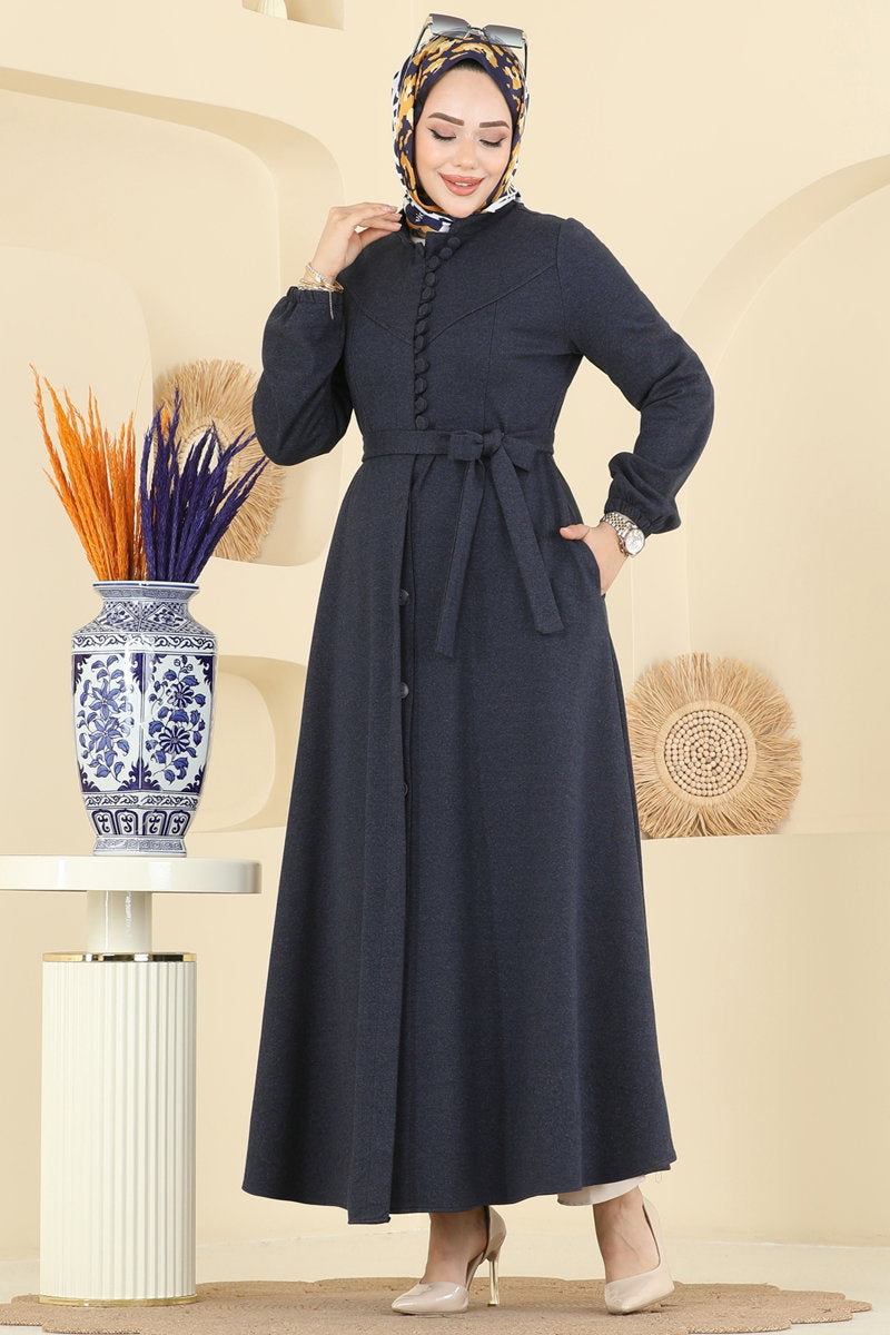 Tweed Abaya Coat with Waist Sash - Navy