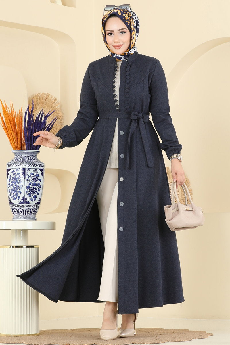 Tweed Abaya Coat with Waist Sash - Navy
