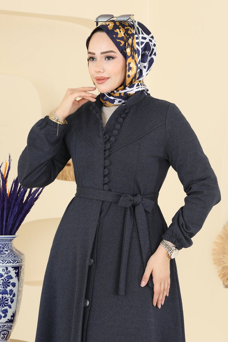 Tweed Abaya Coat with Waist Sash - Navy