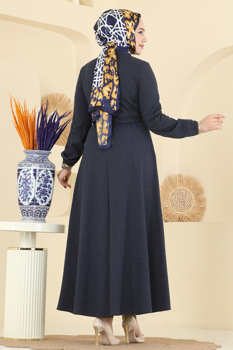 Tweed Abaya Coat with Waist Sash - Navy