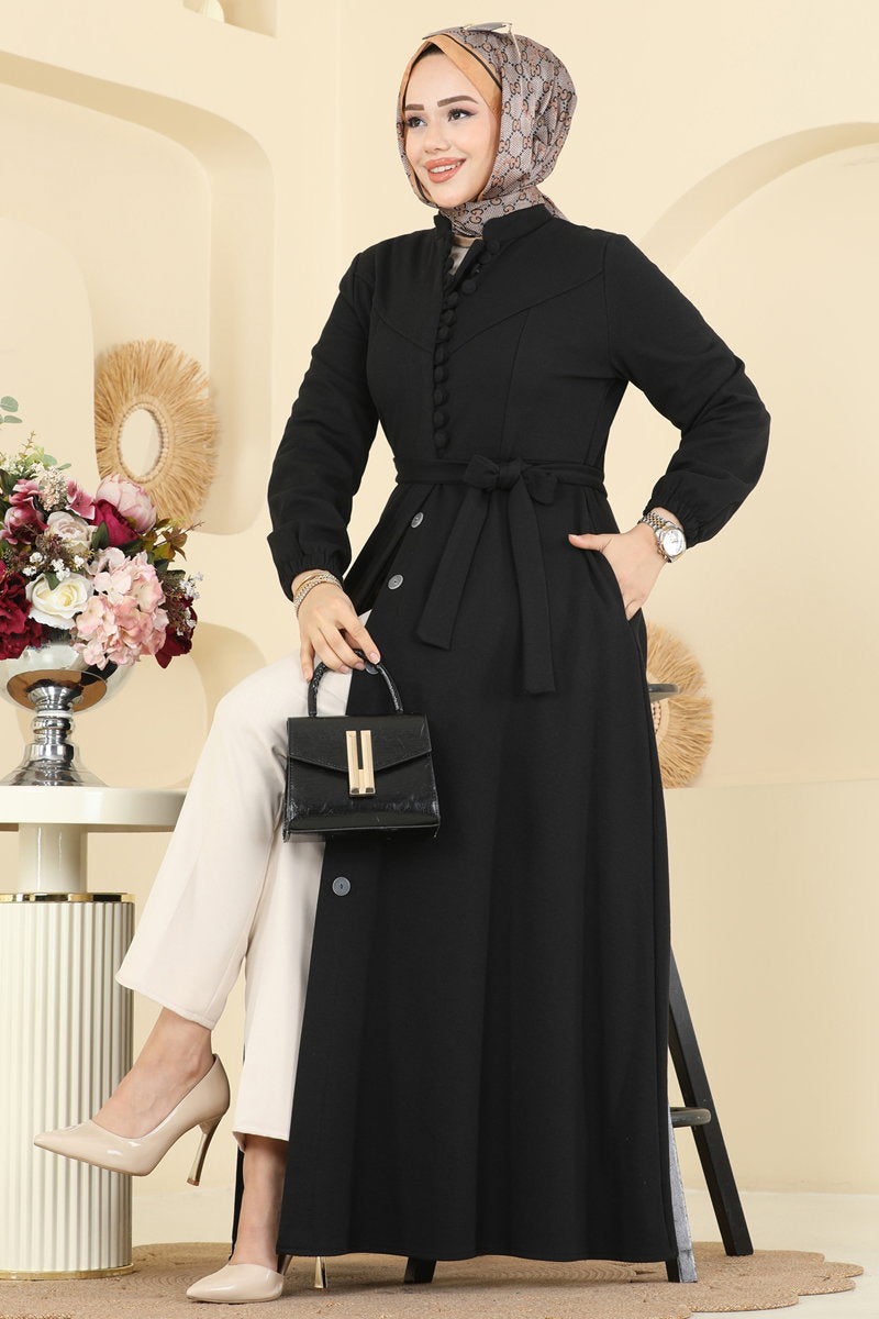 Tweed Abaya Coat with Waist Sash - Black