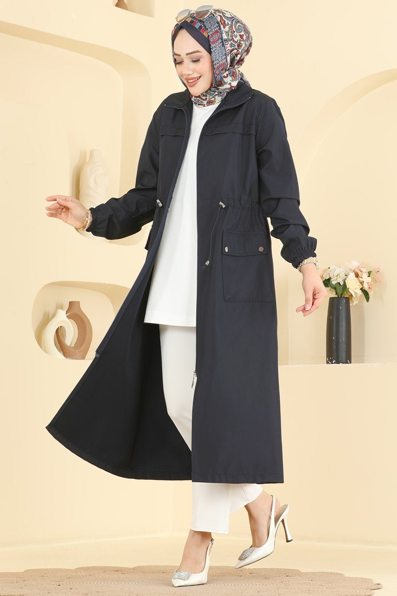Trench Coat with Elastic Waist - Navy