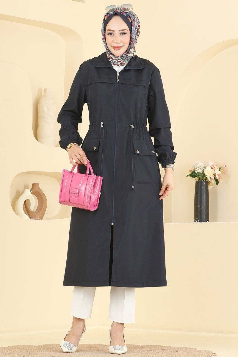 Trench Coat with Elastic Waist - Navy