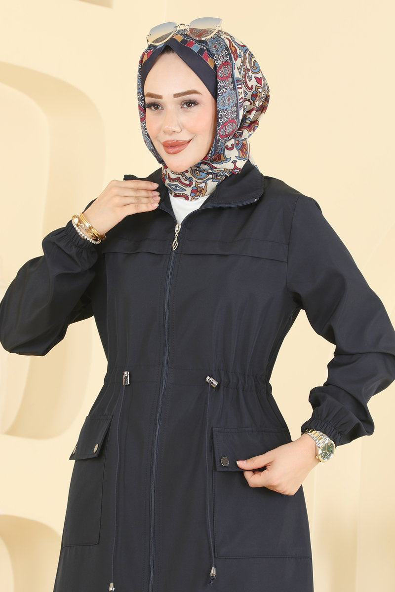 Trench Coat with Elastic Waist - Navy