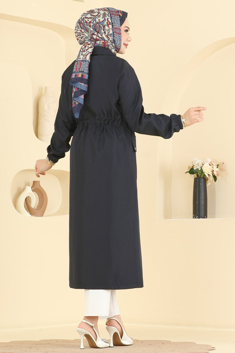 Trench Coat with Elastic Waist - Navy