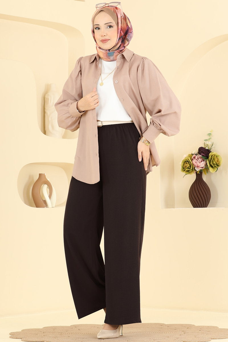 Aerobin Trousers with Elastic Waist - Dark Brown