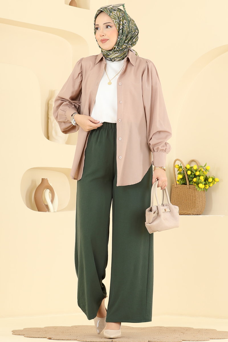 Aerobin Trousers with Elastic Waist - Dark Khaki