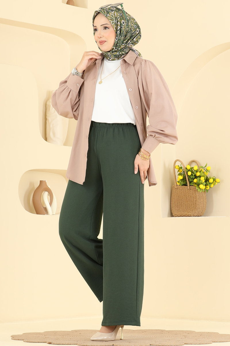 Aerobin Trousers with Elastic Waist - Dark Khaki