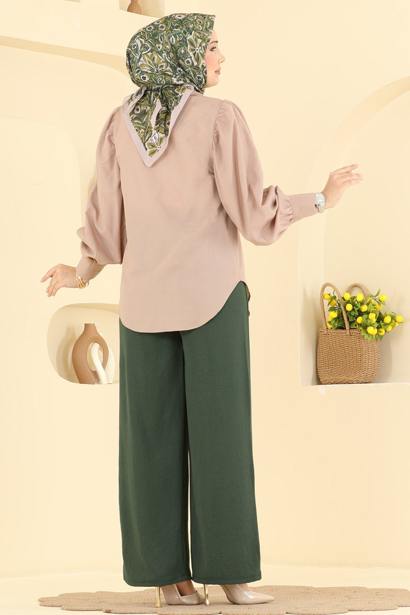 Aerobin Trousers with Elastic Waist - Dark Khaki