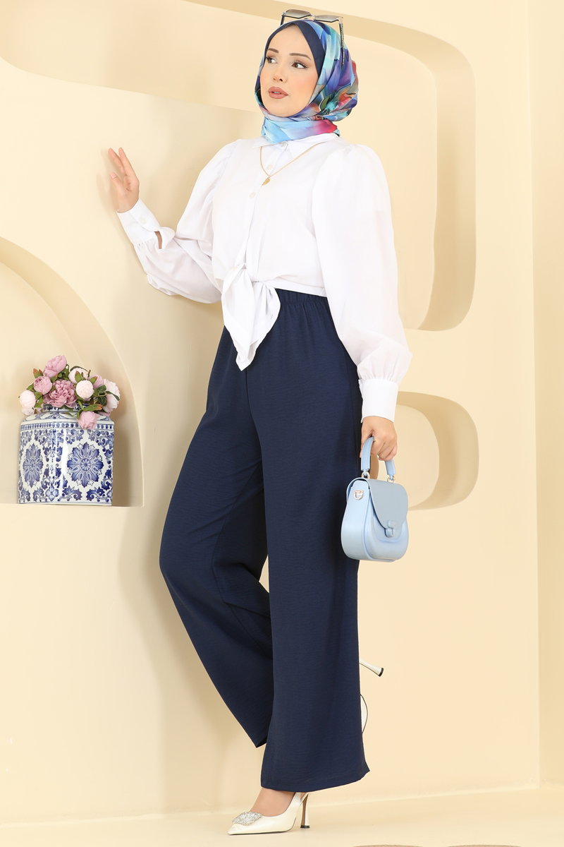 Aerobin Trousers with Elastic Waist - Navy