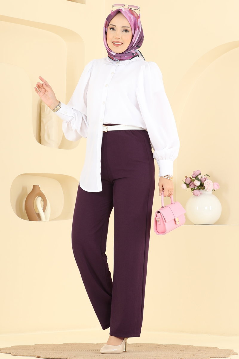 Aerobin Trousers with Elastic Waist - Plum