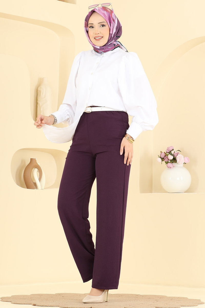 Aerobin Trousers with Elastic Waist - Plum