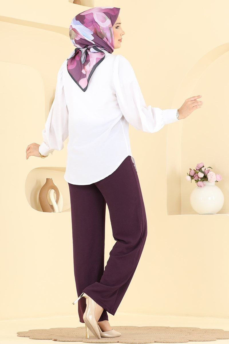 Aerobin Trousers with Elastic Waist - Plum