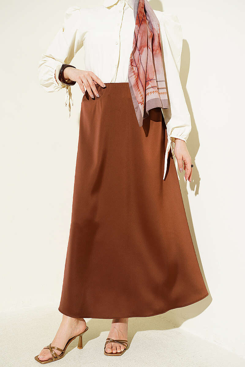 Basic Satin Skirt with Elastic Waist - Brown