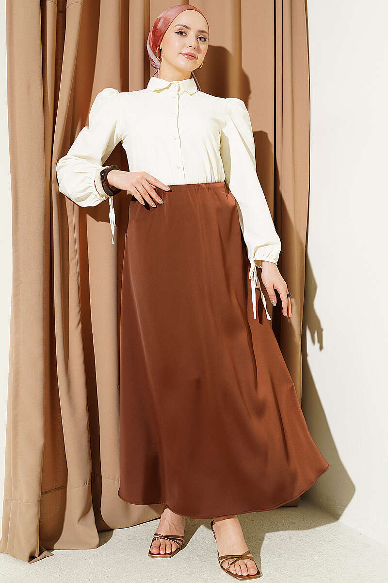 Basic Satin Skirt with Elastic Waist - Brown