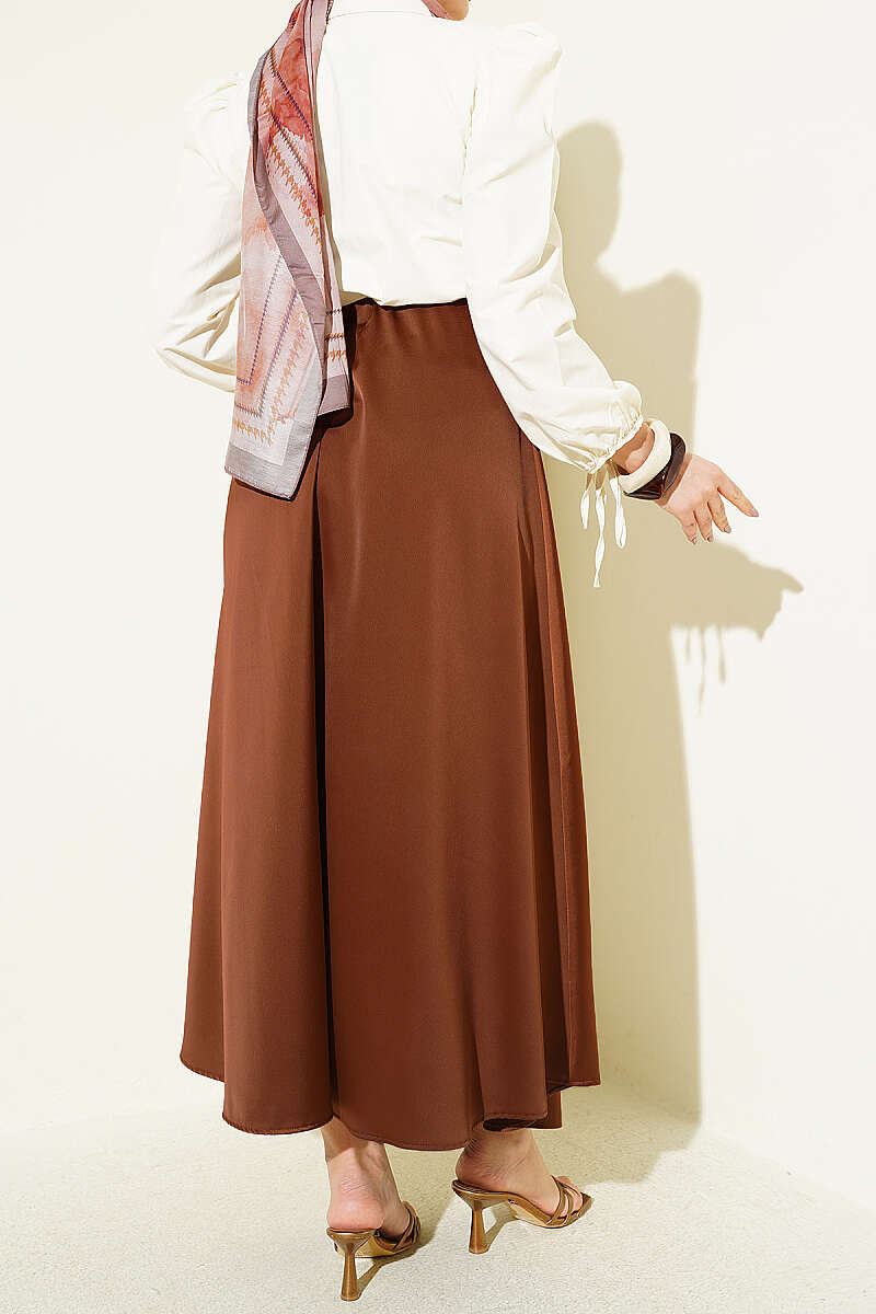 Basic Satin Skirt with Elastic Waist - Brown