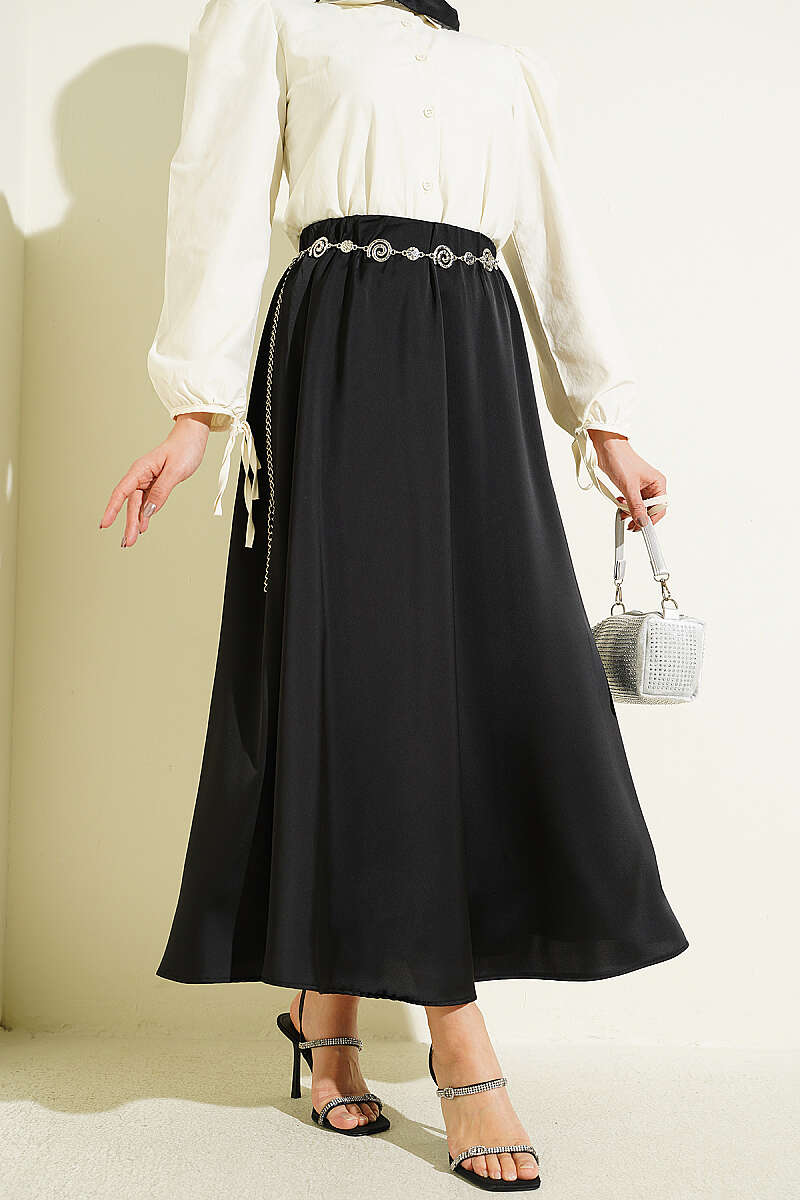 Basic Satin Skirt with Elastic Waist - Black