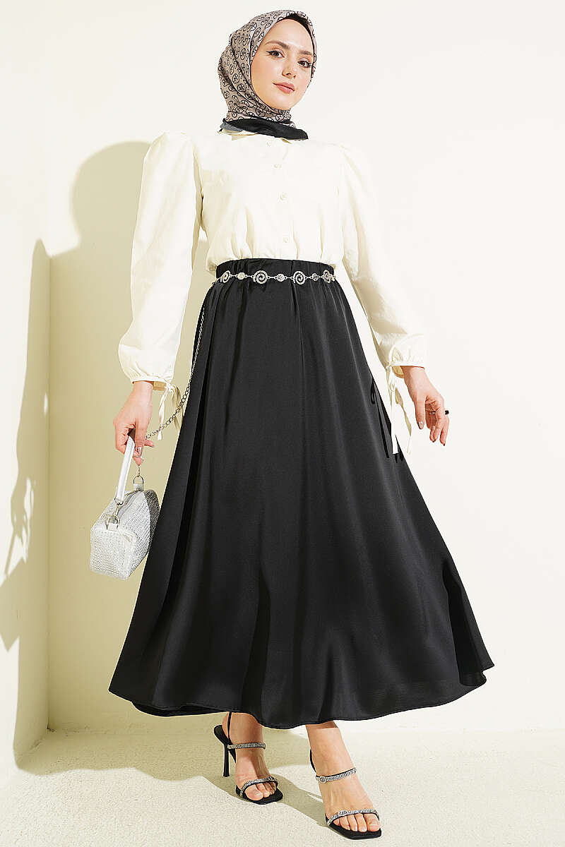 Basic Satin Skirt with Elastic Waist - Black