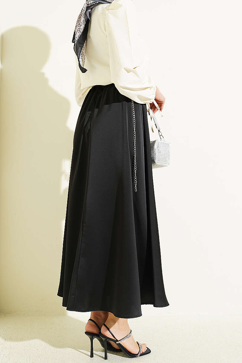 Basic Satin Skirt with Elastic Waist - Black