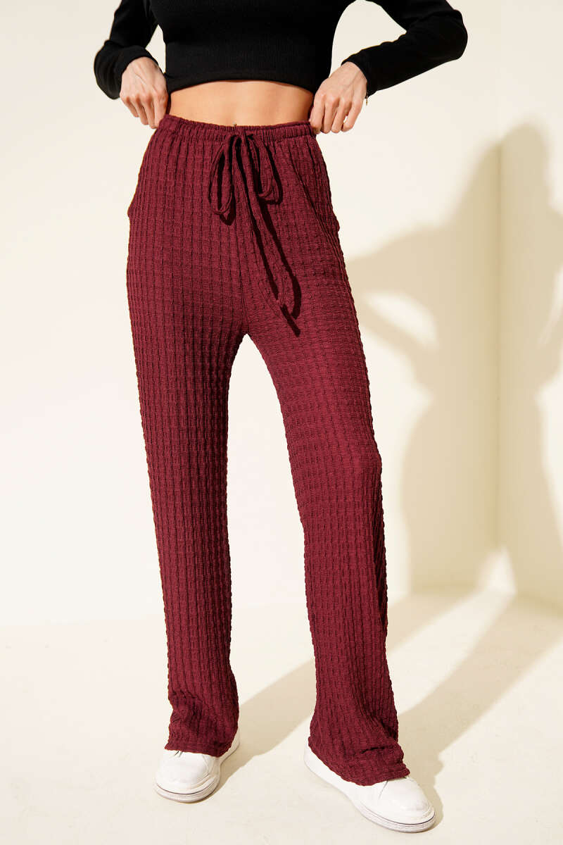 Crinkle Pants with Elastic Waist - Burgundy