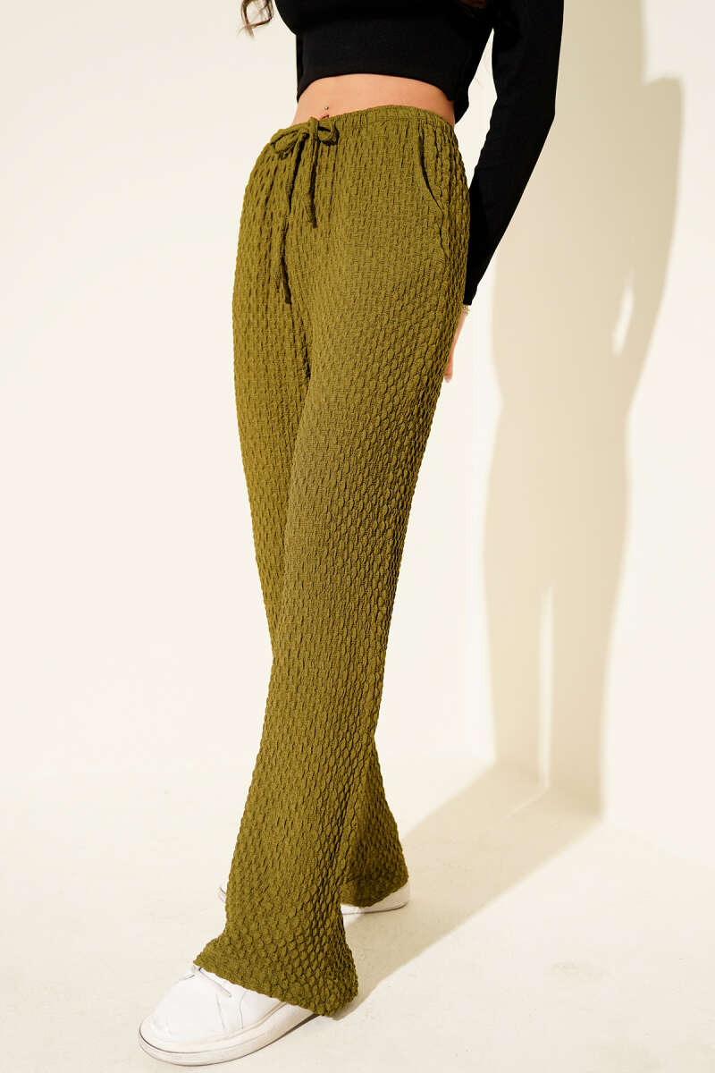 Crinkle Pants with Elastic Waist - Olive