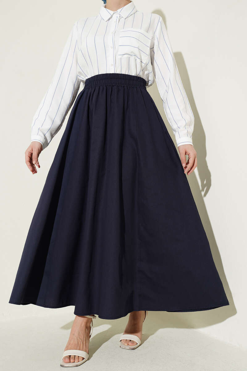 Gabardine Skirt with Pockets and Elastic Waist - Navy