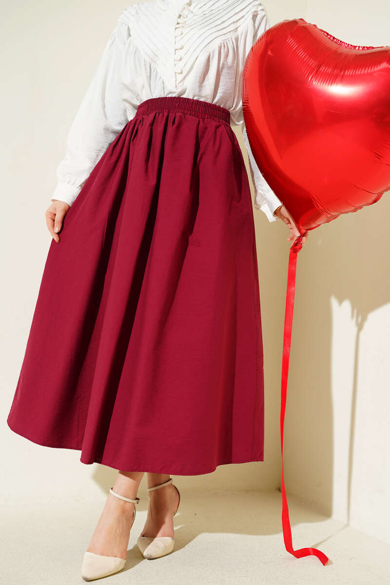 Flared Skirt with Pockets and Elastic Waist - Burgundy