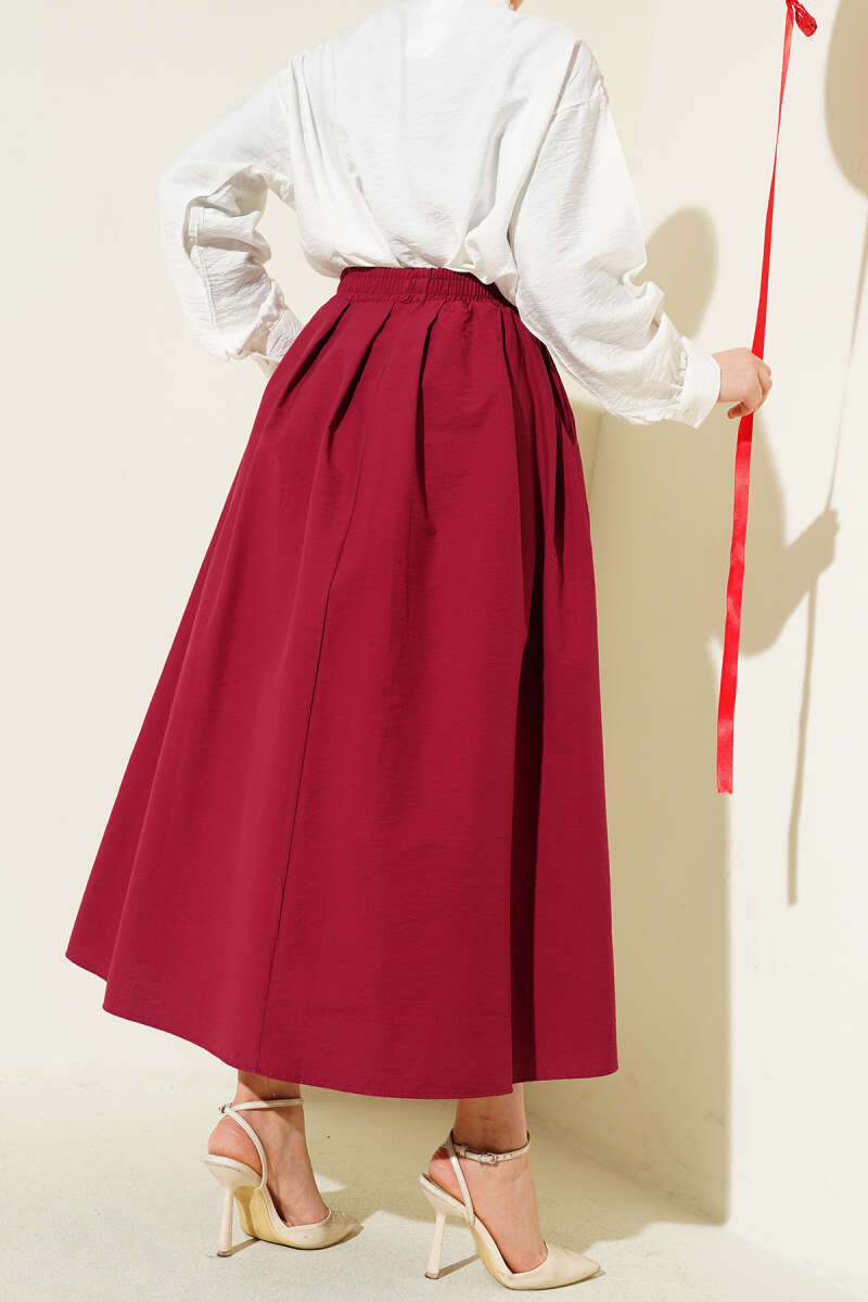 Flared Skirt with Pockets and Elastic Waist - Burgundy