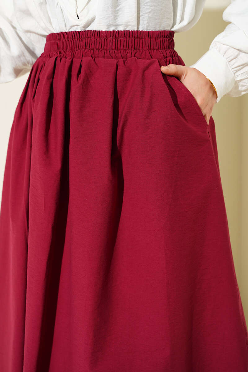 Flared Skirt with Pockets and Elastic Waist - Burgundy
