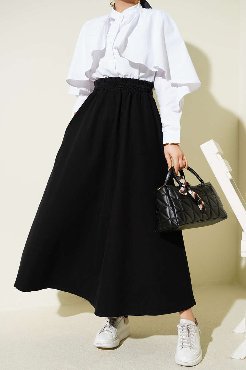 Flared Denim Skirt with Pockets and Elastic Waist - Black
