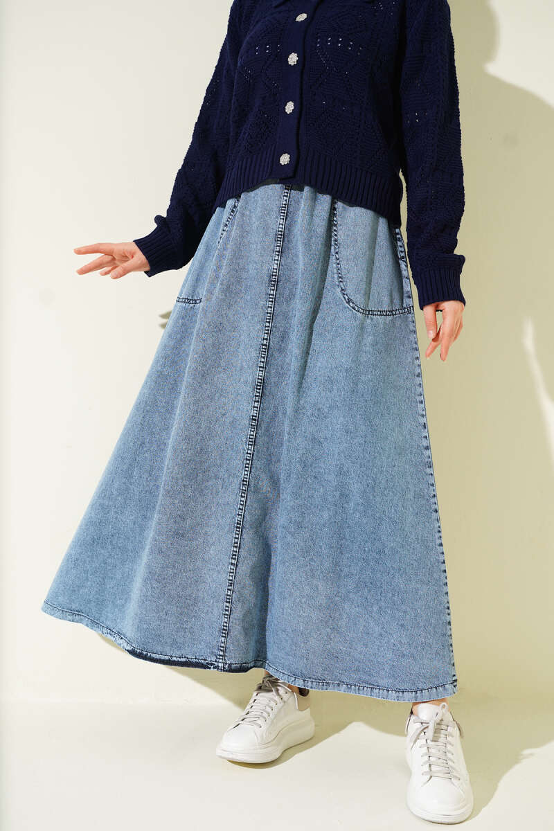 Denim Skirt with Pockets and Elastic Waist - Denim Blue