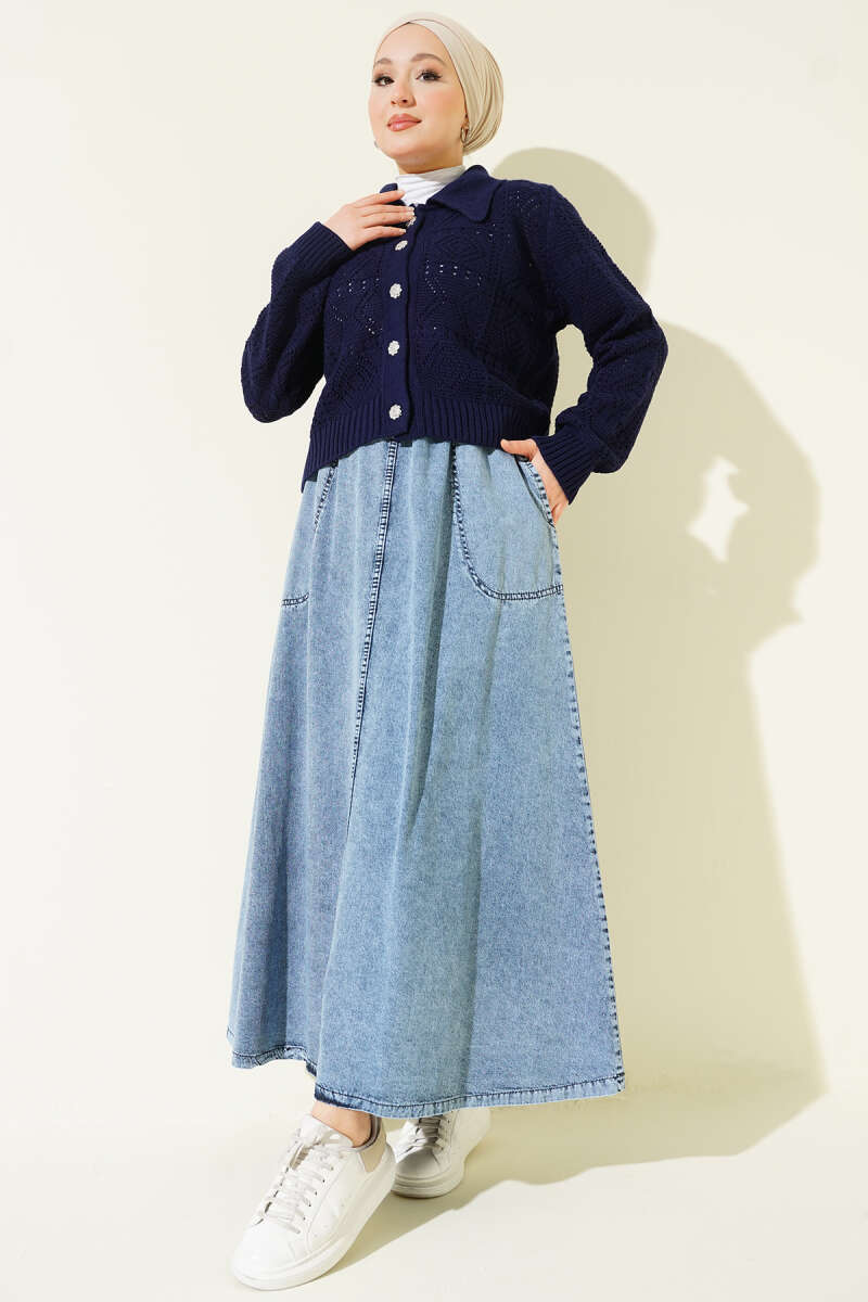 Denim Skirt with Pockets and Elastic Waist - Denim Blue
