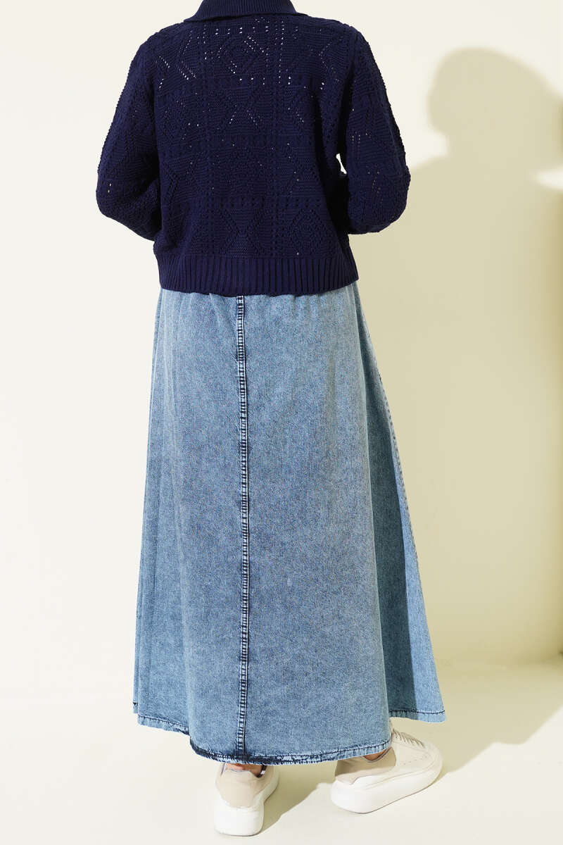 Denim Skirt with Pockets and Elastic Waist - Denim Blue