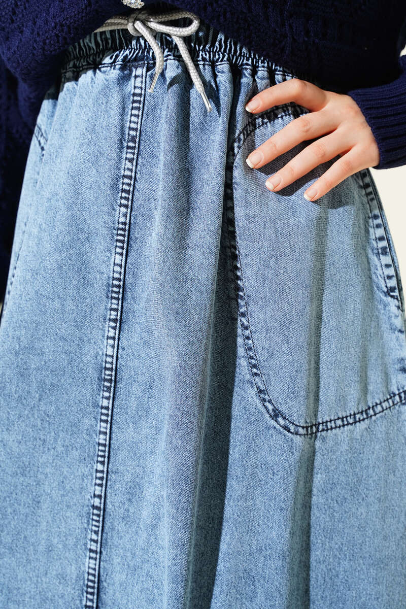 Denim Skirt with Pockets and Elastic Waist - Denim Blue