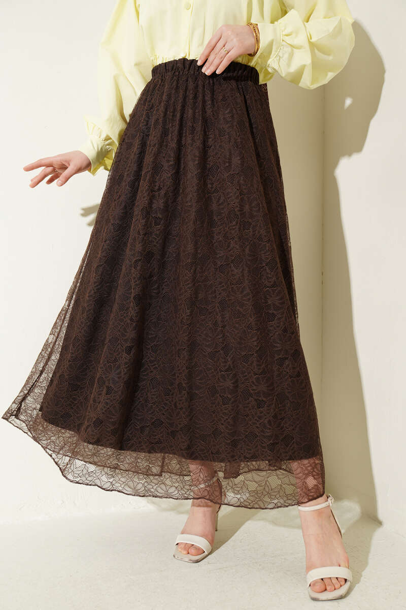 Floral Lace Skirt with Elastic Waist - Brown