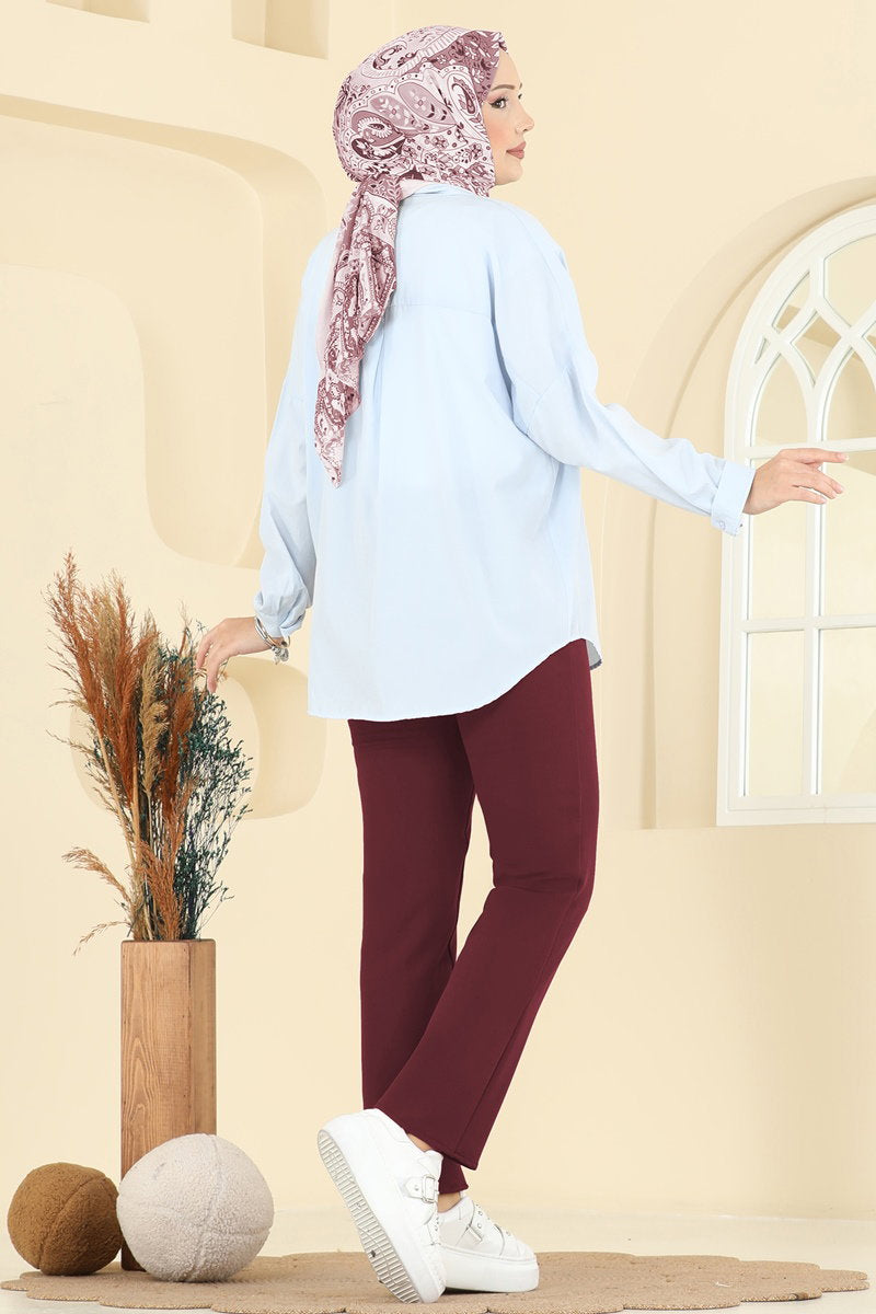 Elastic-Waist Double Knit Trousers - Burgundy