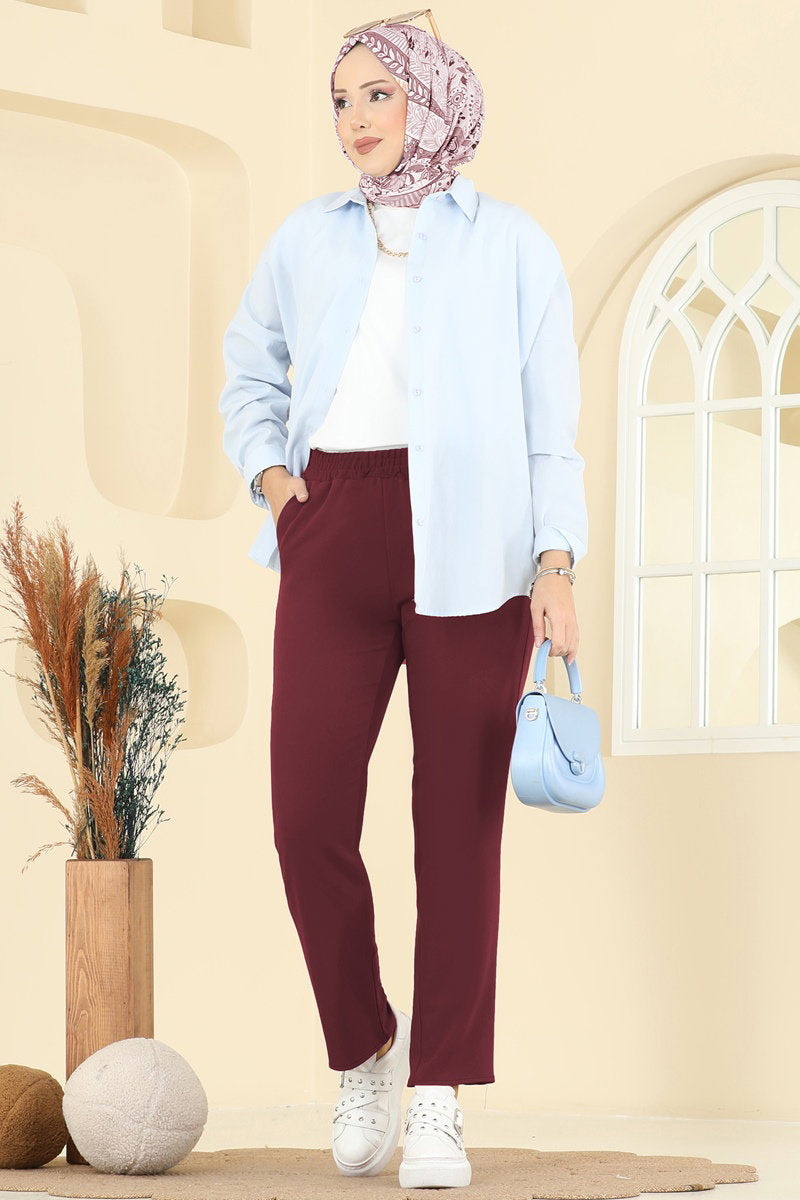 Elastic-Waist Double Knit Trousers - Burgundy